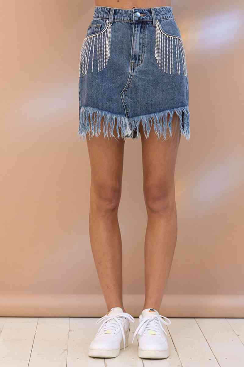 Rhinestone Fringe Denim Skirt